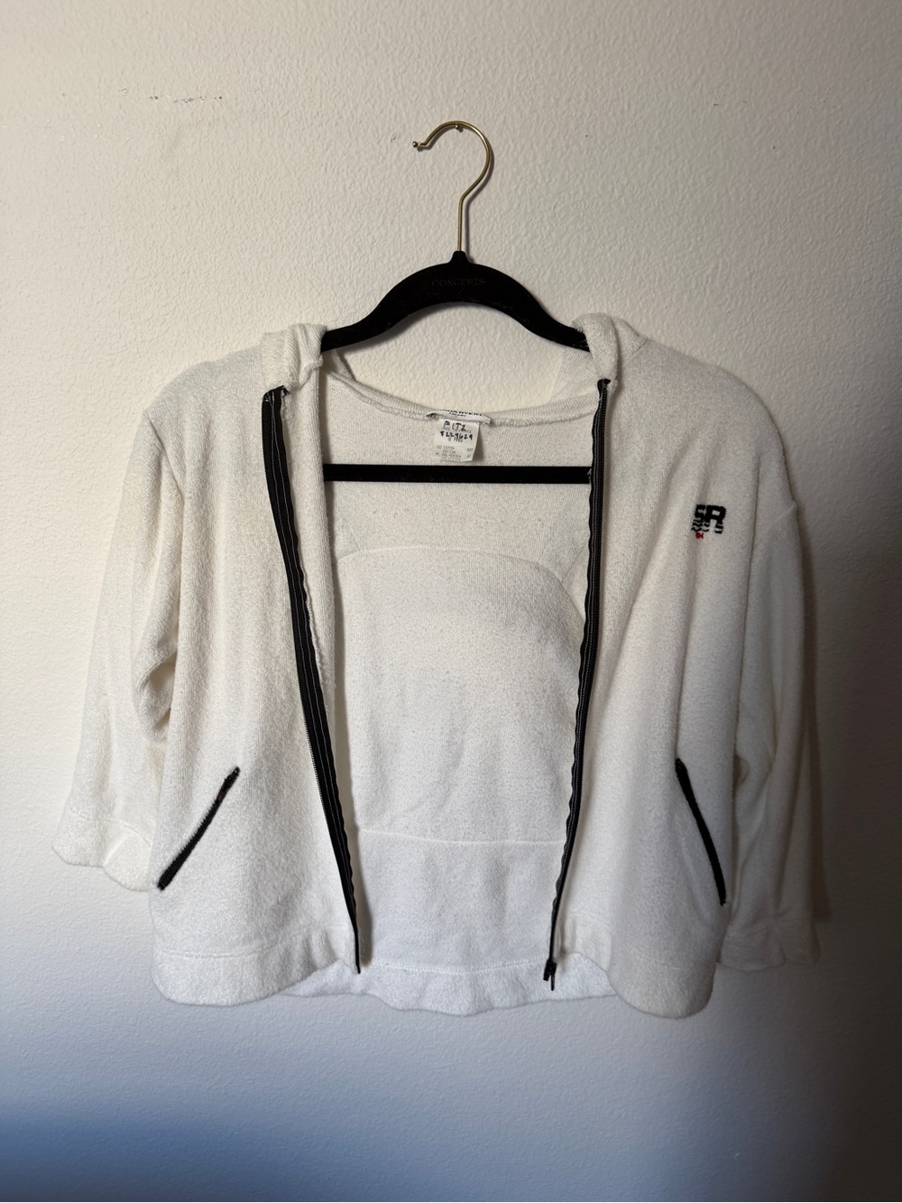 Sonia Rykiel White Zip-Up Hooded Terry Jacket with Black Trim